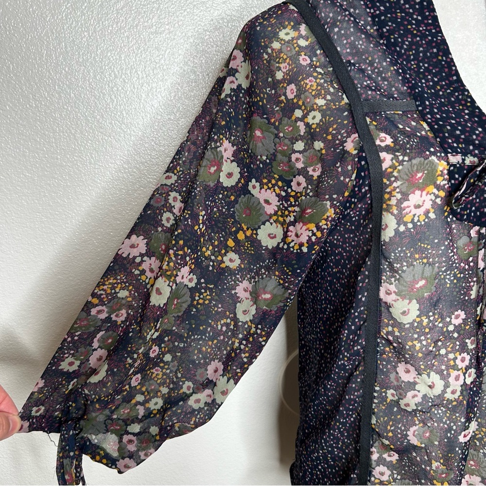 ZARA Womens Navy Blue Floral Chiffon Front Tie Top Balloon Sleeve Size XS/ S - Picture 4 of 10
